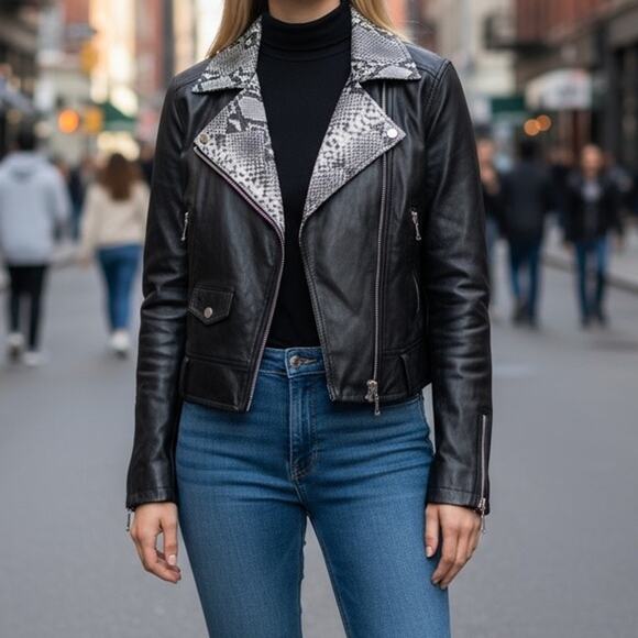 Vintage Cache Black Moto Jacket with Snakeskin Collar Motorcycle Biker y2k - Picture 1 of 7